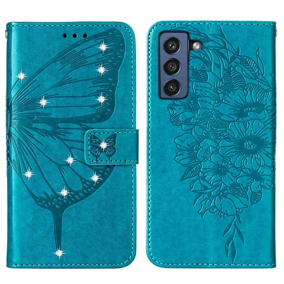 Allytech For Samsung Galaxy S21 FE Soft TPU Case,Stylish Diamond Embossed Butterfly PU Leather Shockproof Flip Wallet Holder Cover with Hand Strap.For Samsung Galaxy S21 FE,Blue