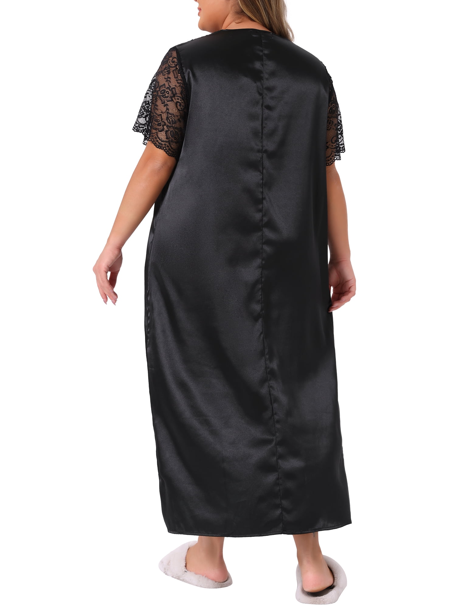 DARING DIVA Women's Plus Size Satin Short Sleeve Maxi  Nightgown 2X Black
