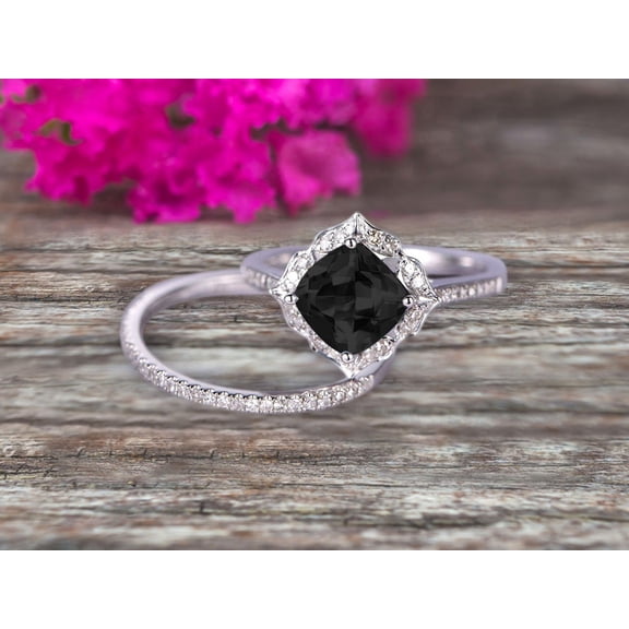 2Pcs Wedding Ring Set Cushion Cut 2.55 Carat Black Diamond Moissanite Engagement Ring On 10K White Gold Matching Band Vintage Look Halo Design