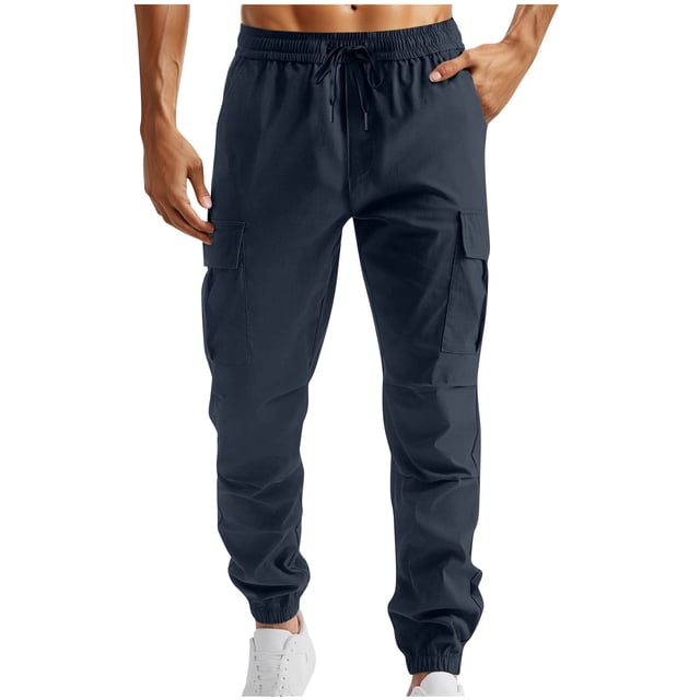 Penkiiy Men's Cargo Pants Drawstring Drawstring Stretch Waist Waist Twill Joggers Trousers with Pockets L Navy