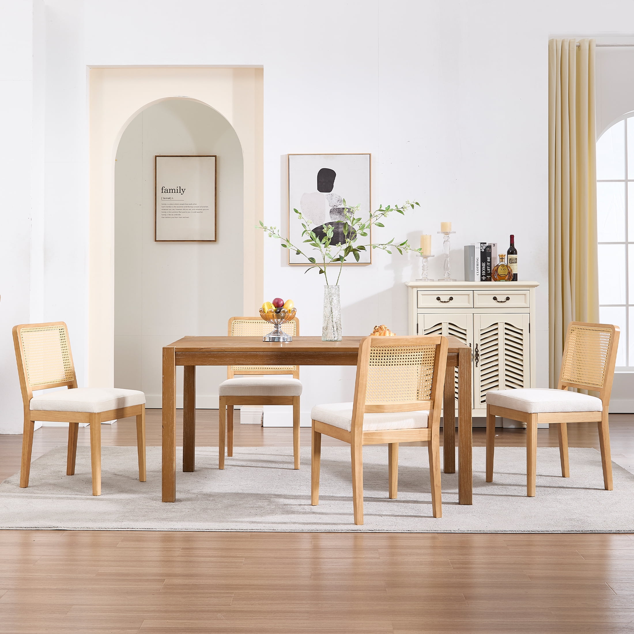 Guyou Farmhouse Rattan Dining Chairs Set of 6, Modern Wooden Kitchen Chairs with Cane Back, Chenille Upholstered Dining Room Chairs, Boho Wicker Woven Dining Side Chairs for Dining Room, White