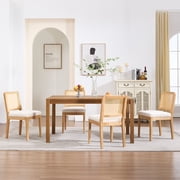 Guyou Farmhouse Rattan Dining Chairs Set of 2, Modern Wooden Kitchen Chairs with Cane Back, Chenille Upholstered Dining Room Chairs, Boho Wicker Woven Dining Side Chairs for Dining Room, White