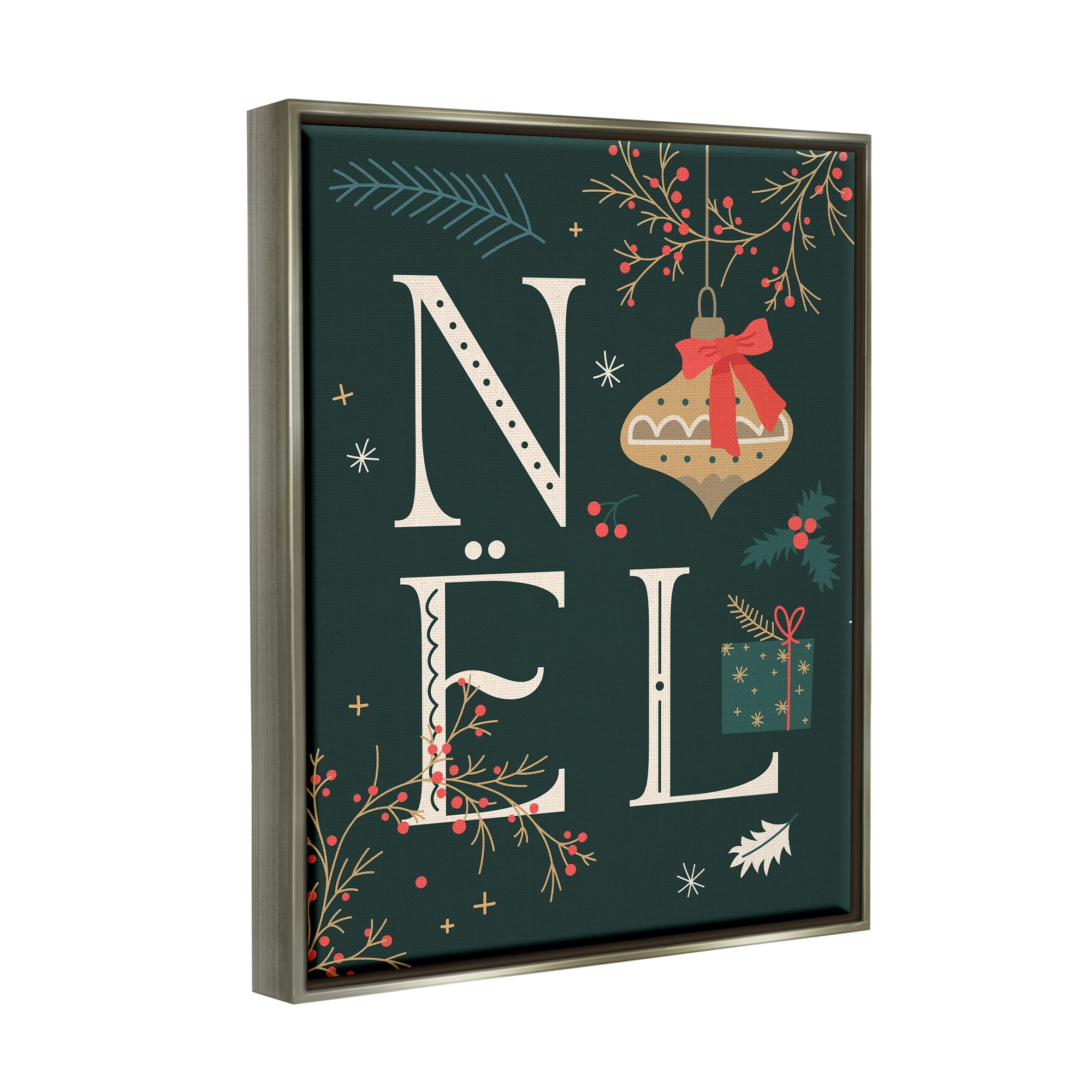 Stupell Industries Noel with Holiday Ornament Holiday Painting Gray Floater Framed Canvas Art Print Wall Art, 25 x 31