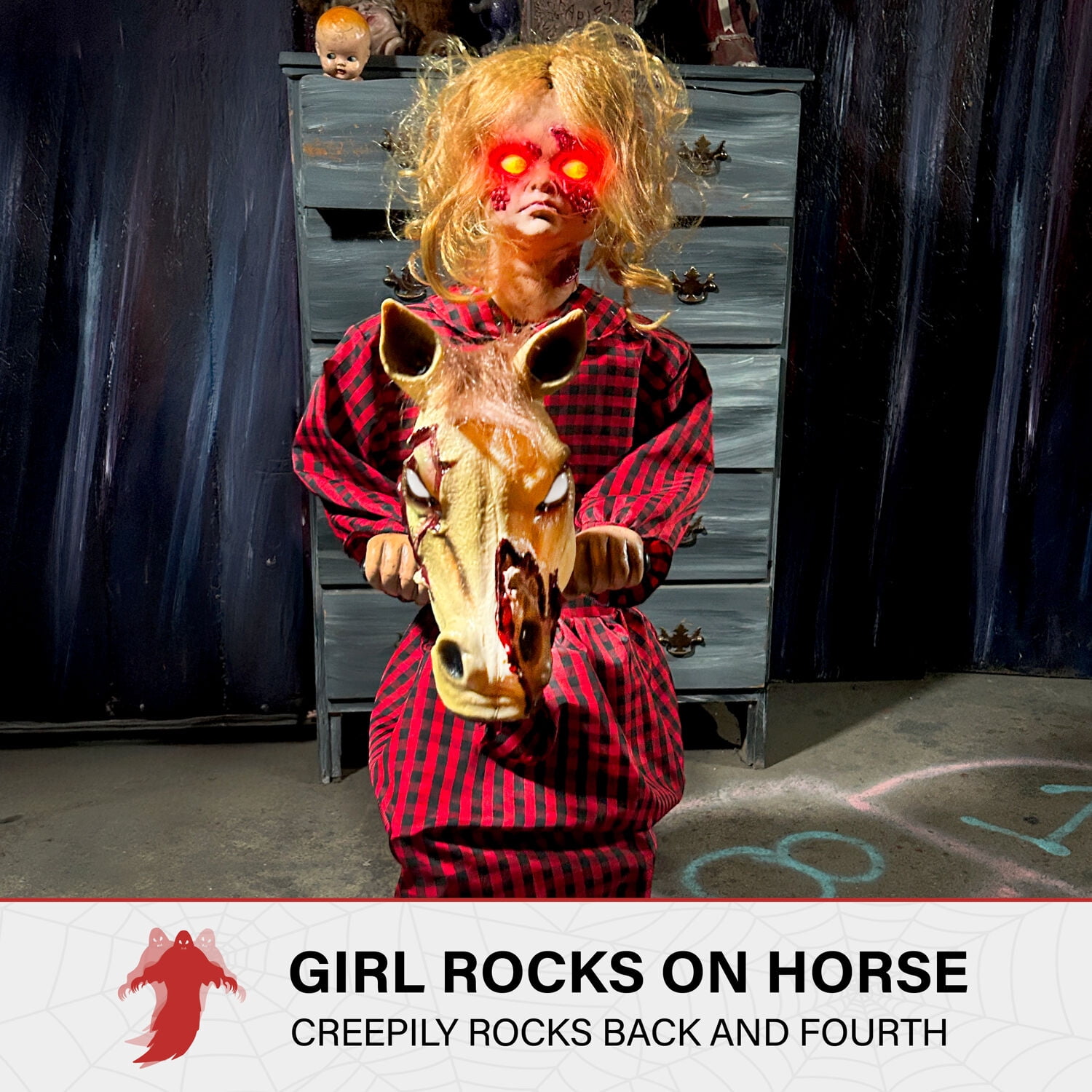 Haunted Hill Farm Animatronic Rocking Horse Girl, Indoor / Covered Outdoor, 3.2-Ft.