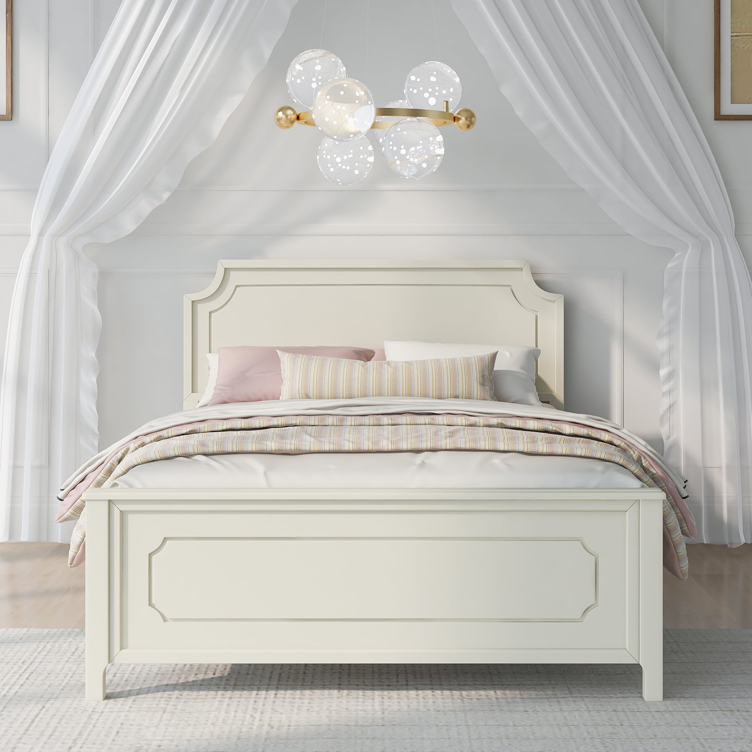 Kadyn Milky White Solid Rubber Wood Platform Bed, Modern Wood Queen Platform Bed with Headboard, Farmhouse bedstead for Bedroom