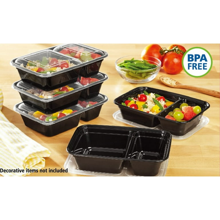 Mainstays 2 Compartment Meal Prep Food Storage Container, 5 Pack  Black/Clear Lid