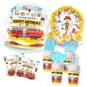 Bestwell 192PCS Firetruck Birthday Tableware Collection - Firefighter Themed Party Essentials - 7" & 9" Paper Plates, Napkins, Cups, Forks, Spoons - Decor for Fire Truck Themed Parties