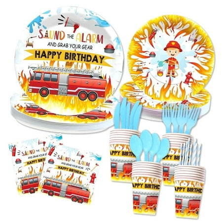 Bestwell 192PCS Firetruck Birthday Tableware Collection - Firefighter Themed Party Essentials - 7" & 9" Paper Plates, Napkins, Cups, Forks, Spoons - Decor for Fire Truck Themed Parties