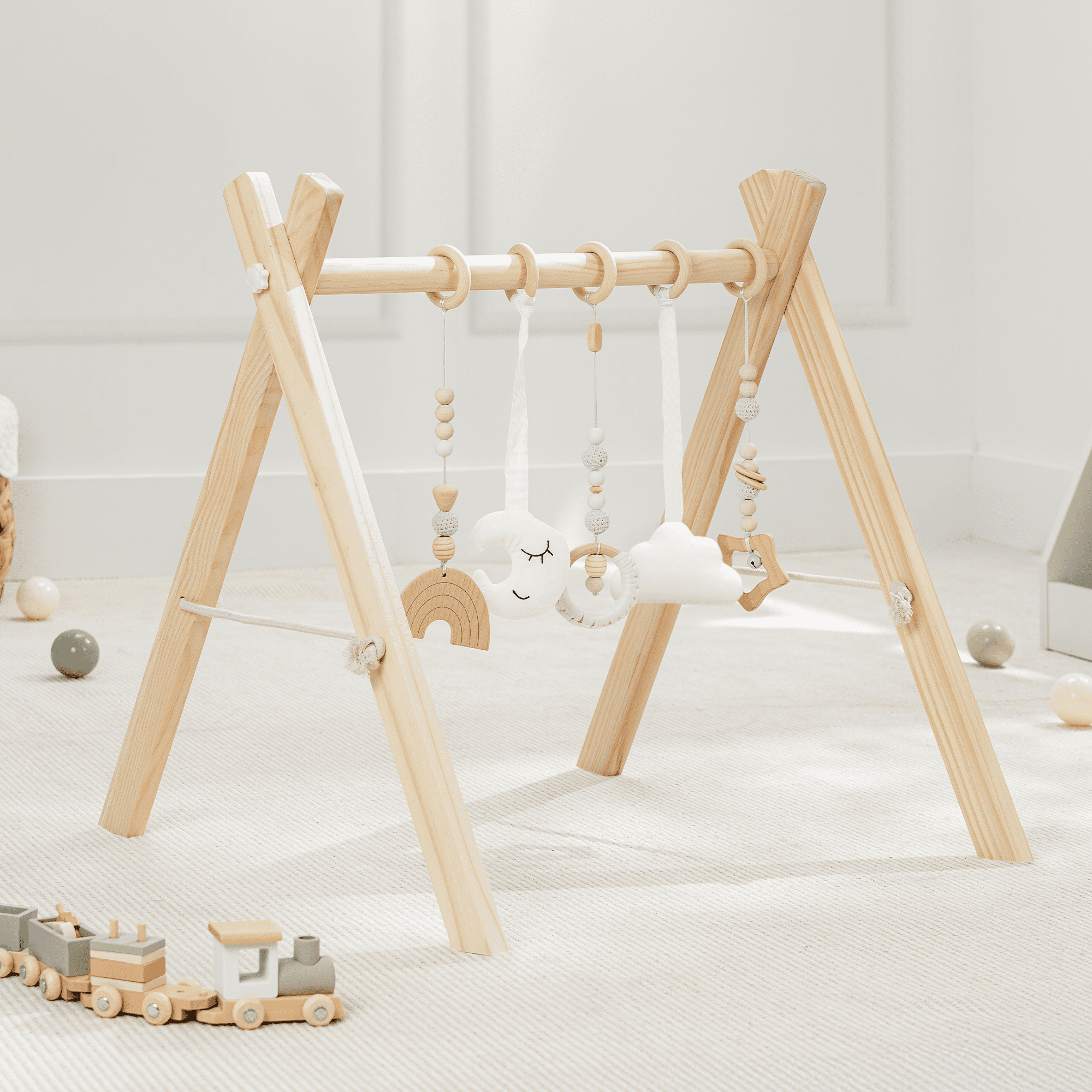 Comfy Cubs Baby Play Gym Set, Wooden Hanging Bar with Gym Toys, Foldable for Infants, Natural Wood