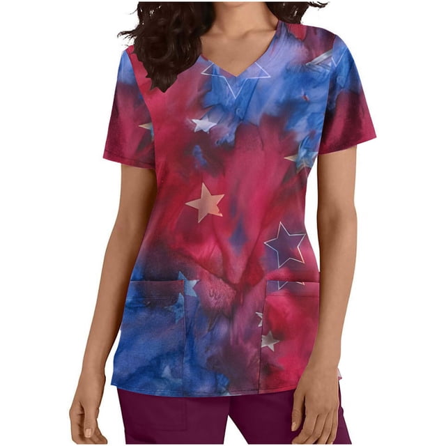 lcziwo Hauts de Blouse pour Femmes, Grande Taille Col en V Manches Courtes, Drapeau Américain, Rouge, TG