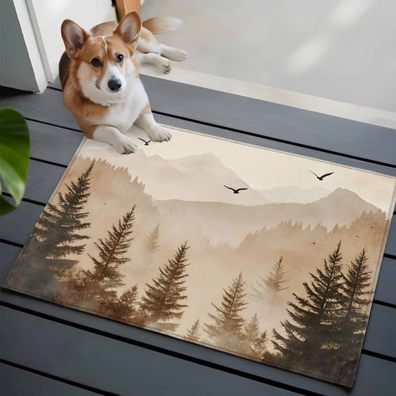 Black Forest Bathroom Mat 2x3 FT,Non Slip Small Kitchen Mat,Silhouettes Foggy Grey Pine Tree Cabin Birds Washable Soft Backed Front Door Throw Rug Indoor Outdoor Doormat for Entryway Sink