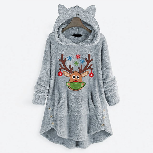 Puntoco Mujer Casual Navidad Impresión Botones De Felpa Manga Larga Con Capucha Abrigo De Felpa Top Puntoco Puntoco-7591