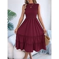 thumbnail image 4 of Women'S Ruffle Trim Flutter Sleeve Midi Dress Pleated Crew Neck Tiered Smocked Flowy Dresses Wine Red L, 4 of 9