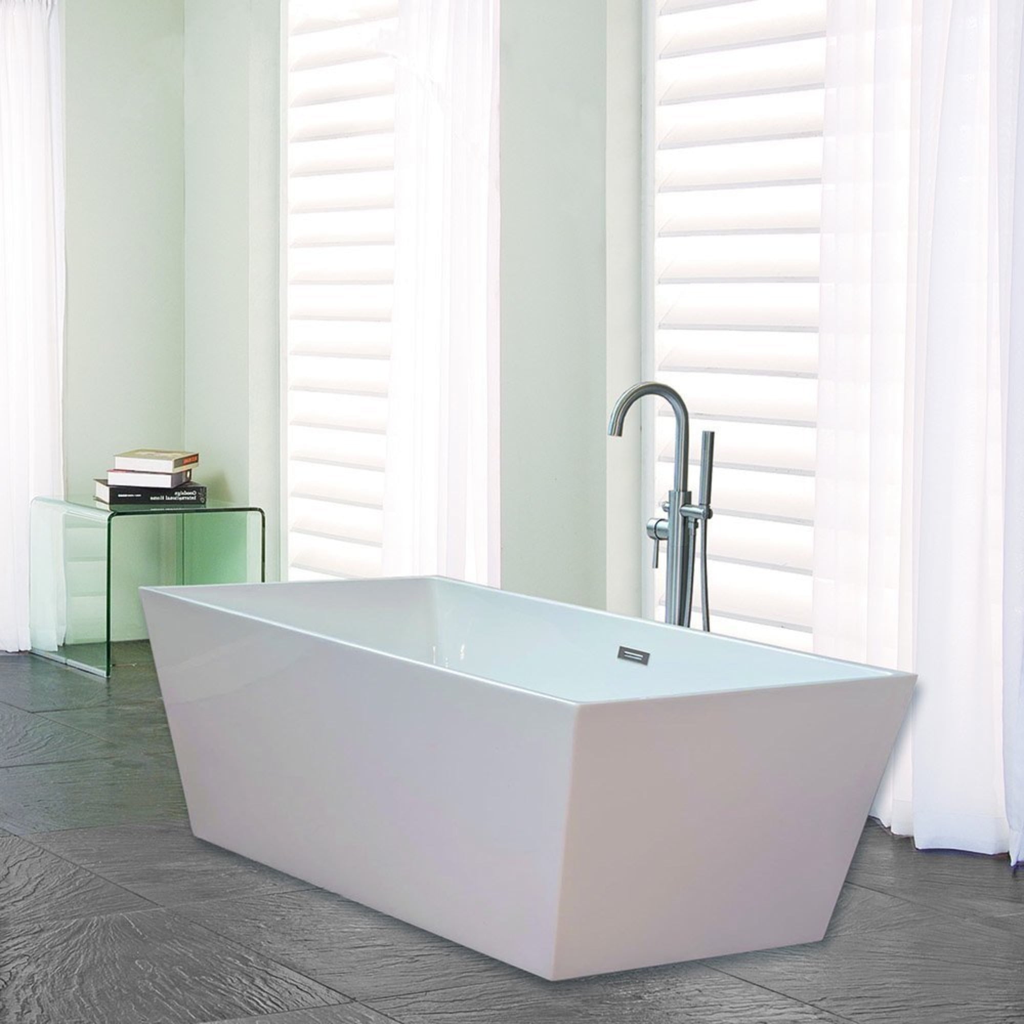 White Acrylic Freestanding Rectangular Bathtub with Brushed Nickel Drain