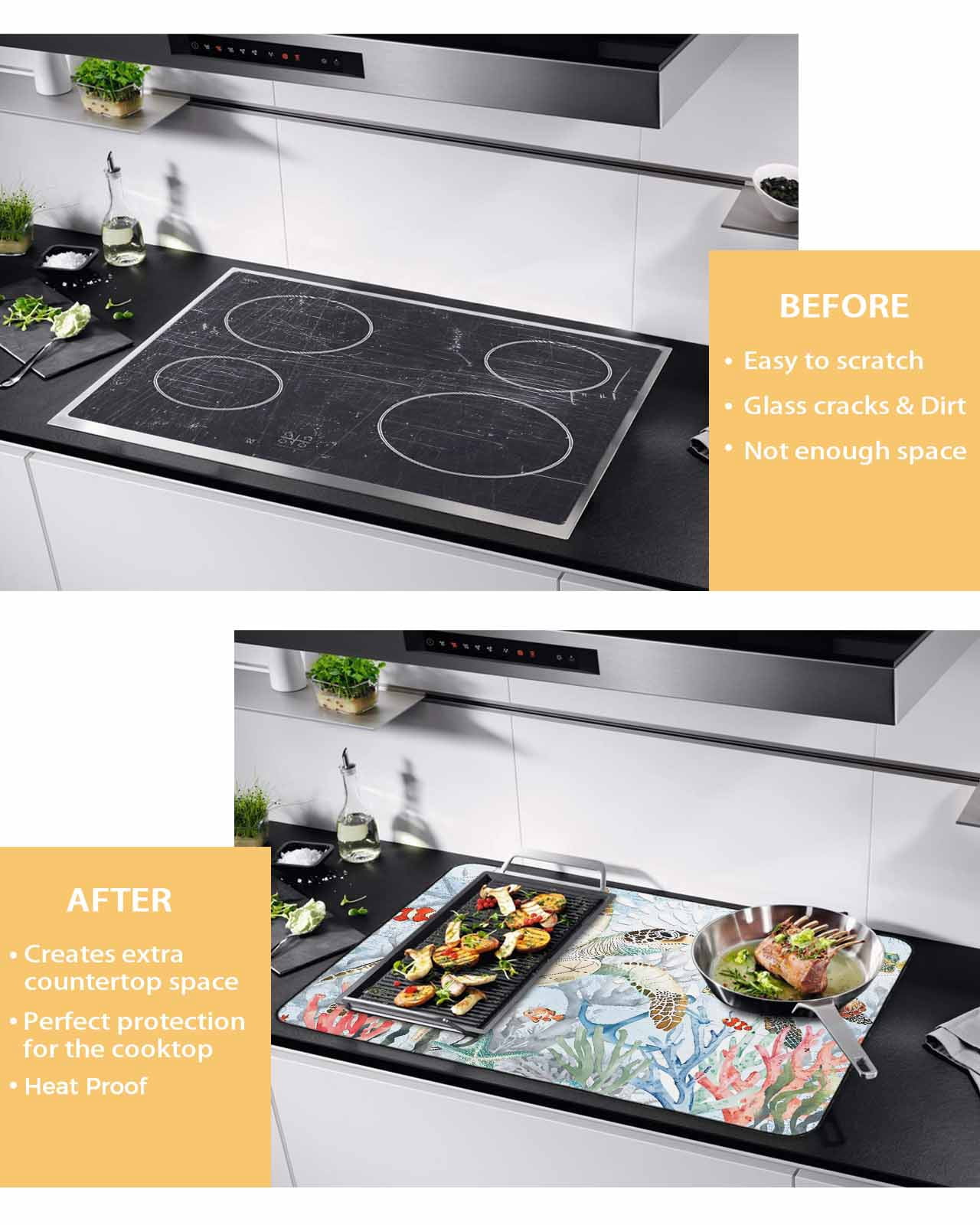 nqOlkjepod Large Induction Cooktop Protector Mat 24"x21", Brown Sea Turtle Coastal Stove Top Covers for Electric Stove, Vintage Summer Beach Coral Starfish Stove Burner Cover Mats Stove Cover
