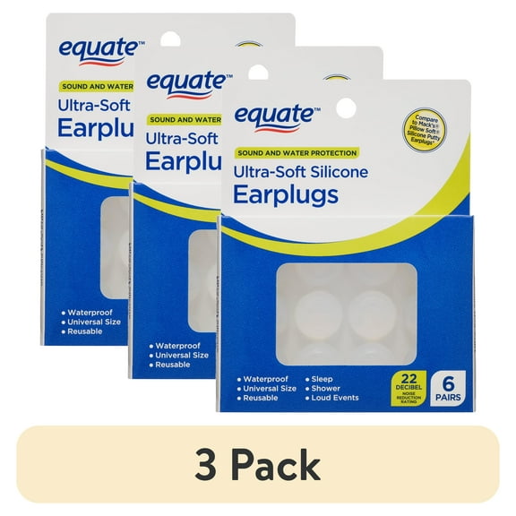 (3 pack) Equate Ultra-Soft Silicone Ear Plugs, Sound and Water Protection, 22dB Noise Reduction Rating, 6 Pair, Compare to Mack's Pillow Soft Silicone Putty Earplugs