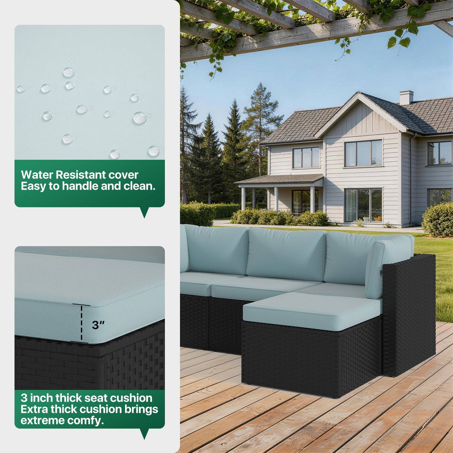 Clouddwell 5 Pieces Patio Furniture Set, All-Weather Wicker Rattan Patio Sectional Sofa Set with Coffee Table (Light Blue)
