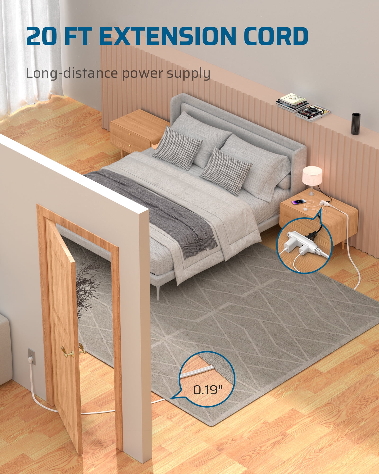 DEWENWILS 3 Outlet Extension Cord with Flat Plug, 20 FT 16/3 Awg Grounded Power Cable for Indoor Use, SPT-3 Cord, White, ETL Listed, 2 Pack