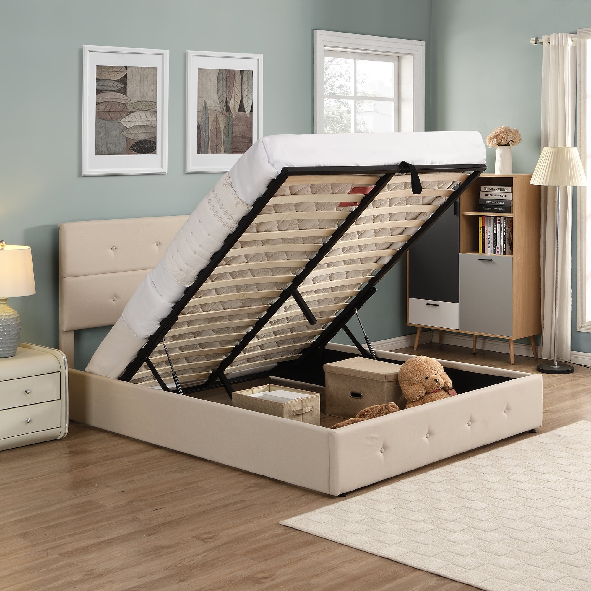 Beige Upholstered Platform Bed Frame, Queen Bed Frames With Underneath Storage