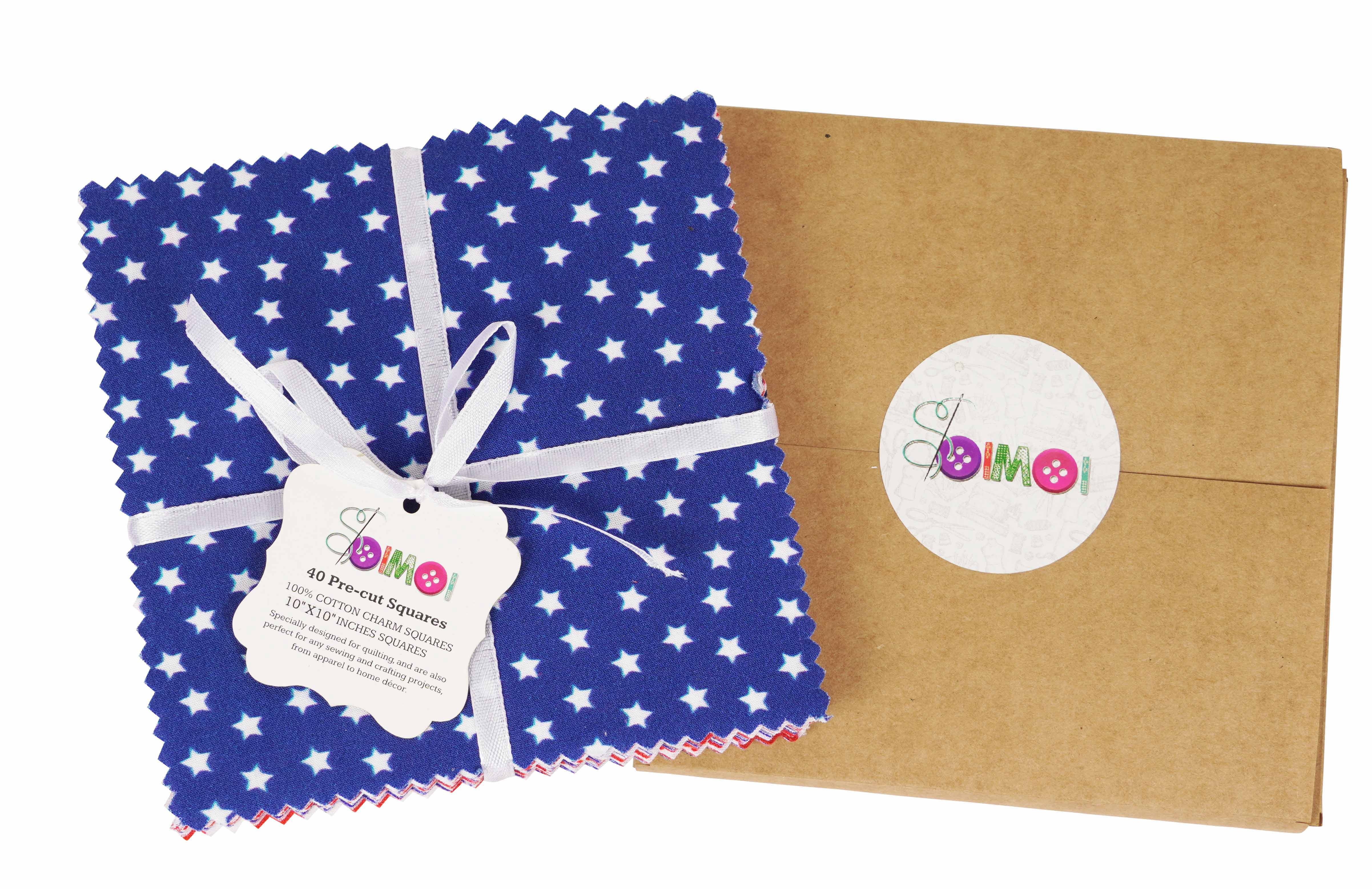 Soimoi Precut 10-inch American Flag Color Prints Cotton Fabric Bundle Quilting Squares Charm Pack DIY Patchwork Sewing Craft- Red, Blue & White