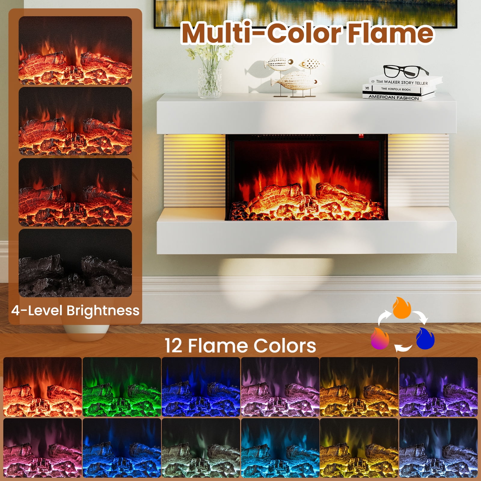 Gymax 18'' Electric Fireplace w/ 32'' Floating Mantel 12-Color Dimmable Flame 8H Timer