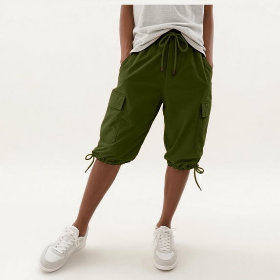 Inglocry Bermuda Shorts for Women Knee Length Long Shorts Elastic Waist Drawstring Linen Capris Summer Casual Pedal Pushers with Pocket Army Green S