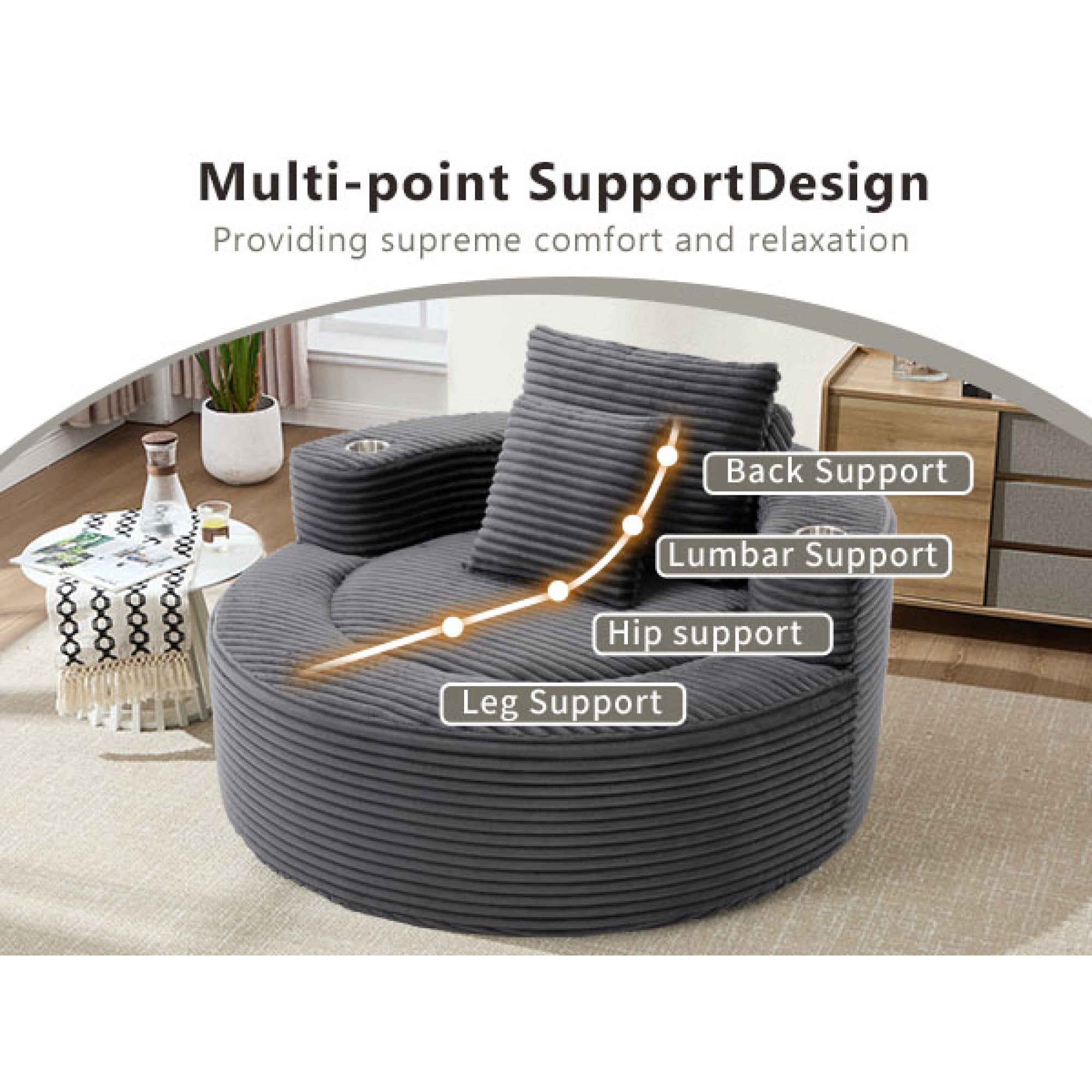 Leumius Oversized Round Chaise Lounge Sofa,Upholstered Lounge Chair with 2 Pillows and Cupholders,Boneless Sofa Couch with Memory Foam,Deep Seat Sleeper Chair for Living Room,No Assembly,Dark Gray