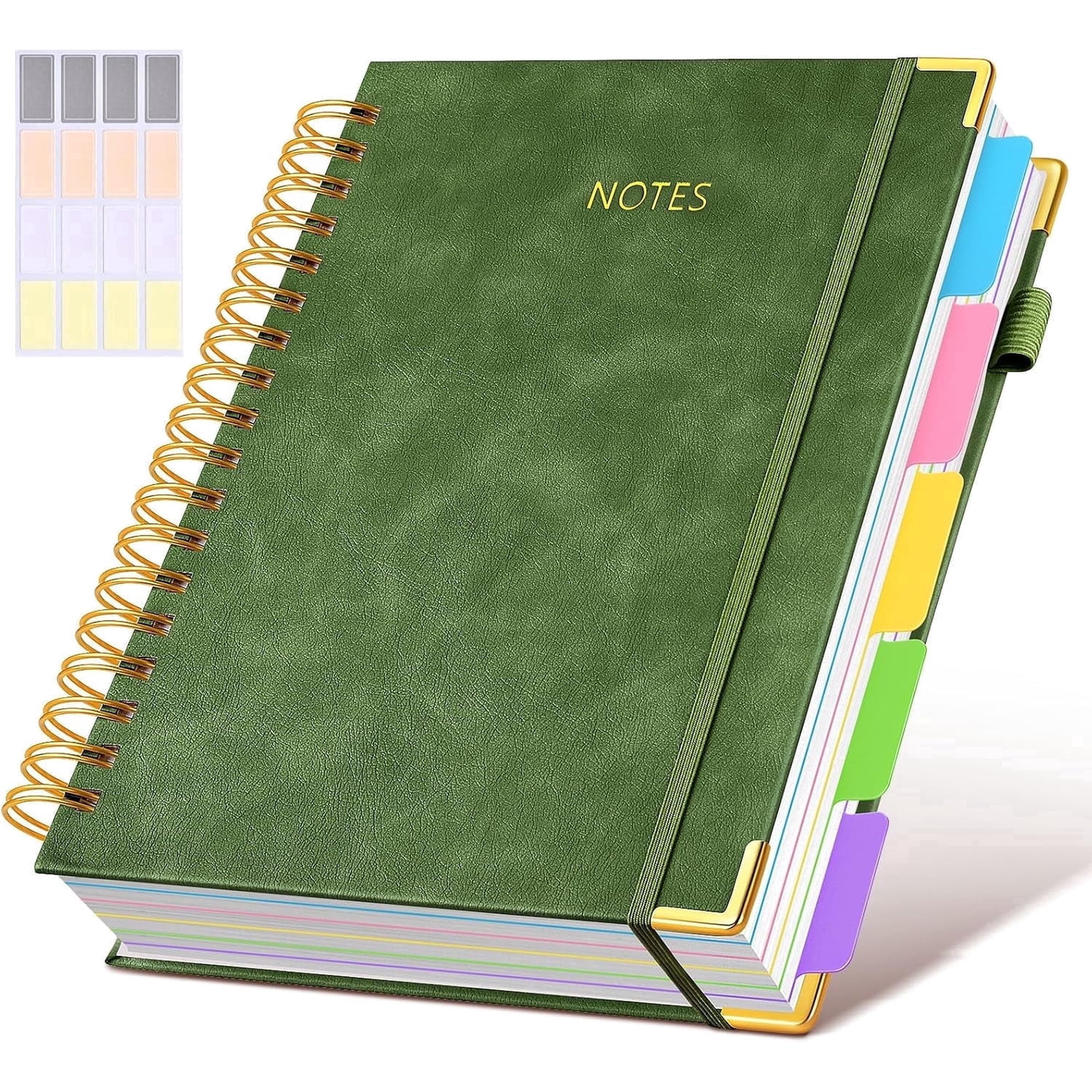 Hardcover Spiral Notebook - 300 Pages Leather 5 Subject Journal with Removable Dividers, 8"x10" for Work and Office (Green)