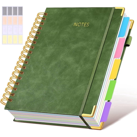 Hardcover Spiral Notebook - 300 Pages Leather 5 Subject Journal with Removable Dividers, 8"x10" for Work and Office (Green)