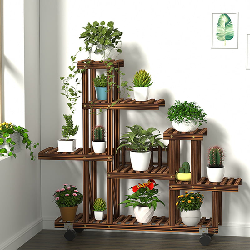 Plant Stand Flower Rack Solid Wood 4-Tier 6 Slot Windmill Design Home Decor Gift 