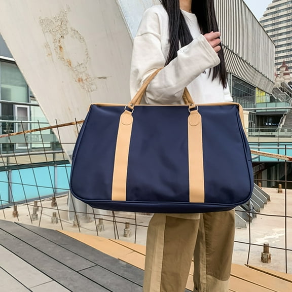 EDHITNR Large Foldable Travel Duffle Bag with Shoe Compartment, 55L Expandable Carry On Gym Bag for Camping Weekend, Water Resistant Tear Resistant Luggage with Trolley Sleeve, Dark Blue