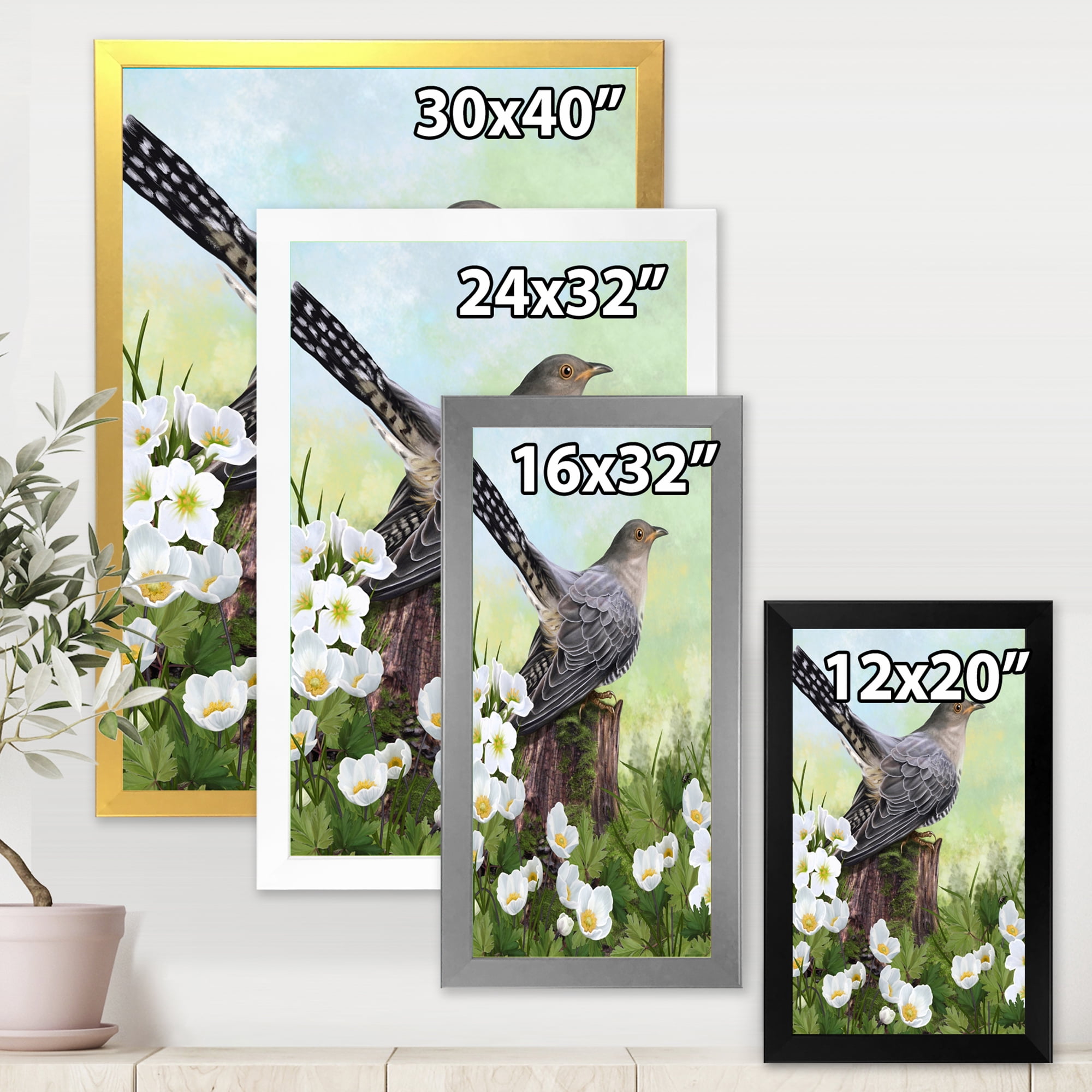 Designart 'Cuckoo Bird On An Old Stump and White Flowers' Traditional Framed Art Print