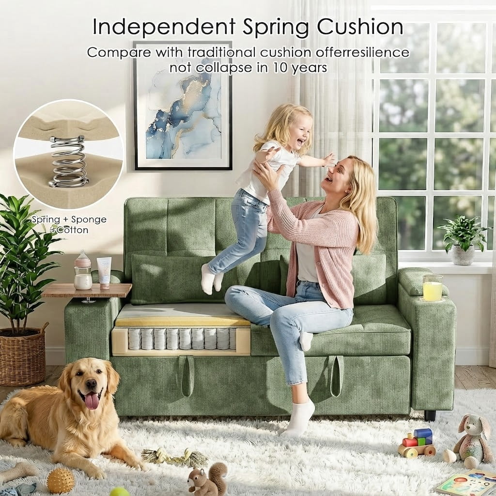 avobird 65" 3-in-1 Convertible Sofa Bed, Pull Out Loveseat with Chenille Fabric/Hidden storage space/Cup holder, Sleeper Sofa Bed for Living Room, Green