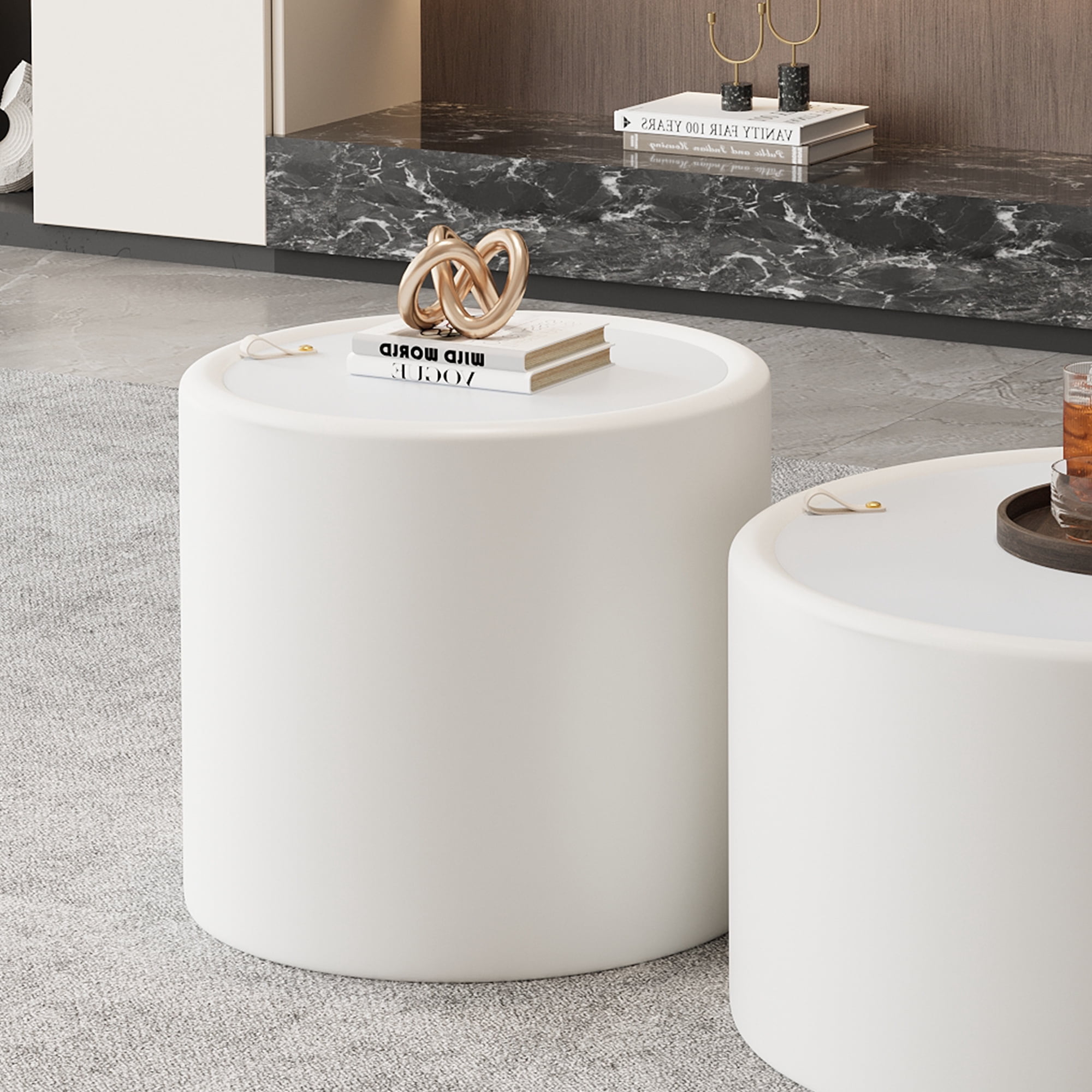 Leumius White Round Side Table with Tempered Glass Top, PU Leather Body & Hidden Storage Modern Accent Table for Living Room Bedroom White 2