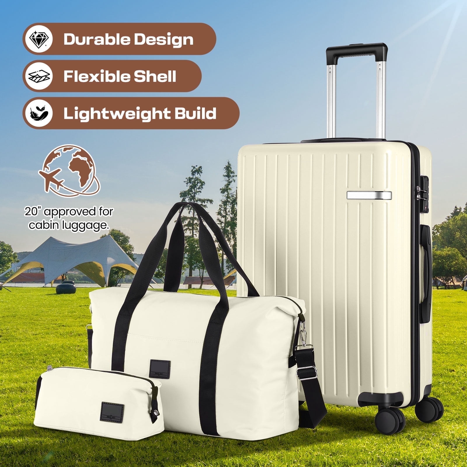 COBIZI Carry On Luggage Sets 3 Piece Suitcases With Wheels，Carry On Luggage Airline Approved With TSA Lock For Luggage，Lightweight Carry On Suitcase With Expandable Duffle Bag For Travel，Beige