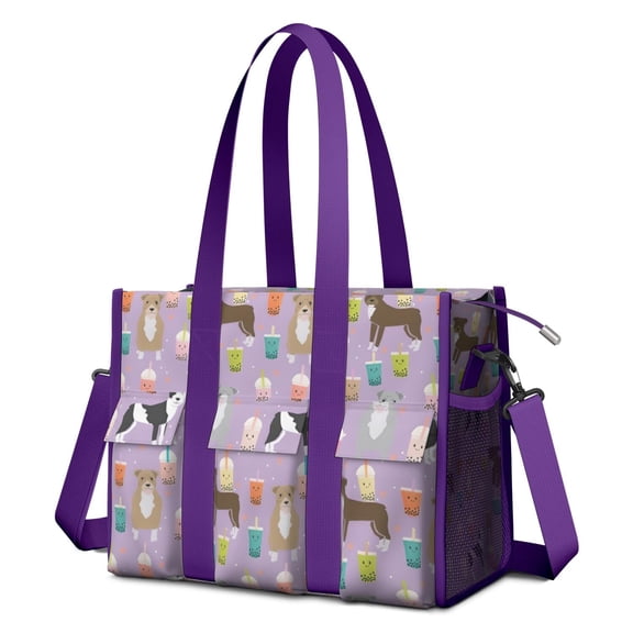 Teacher Tote Bag,Boxer Dog Pitbull Terriers Dog and Drinks Teacher Utility Tote Bag,Large Work Tote Bags for Women with Multiple Pockets,Top Zipper Closure,13.8x10.6x6.7 Inch