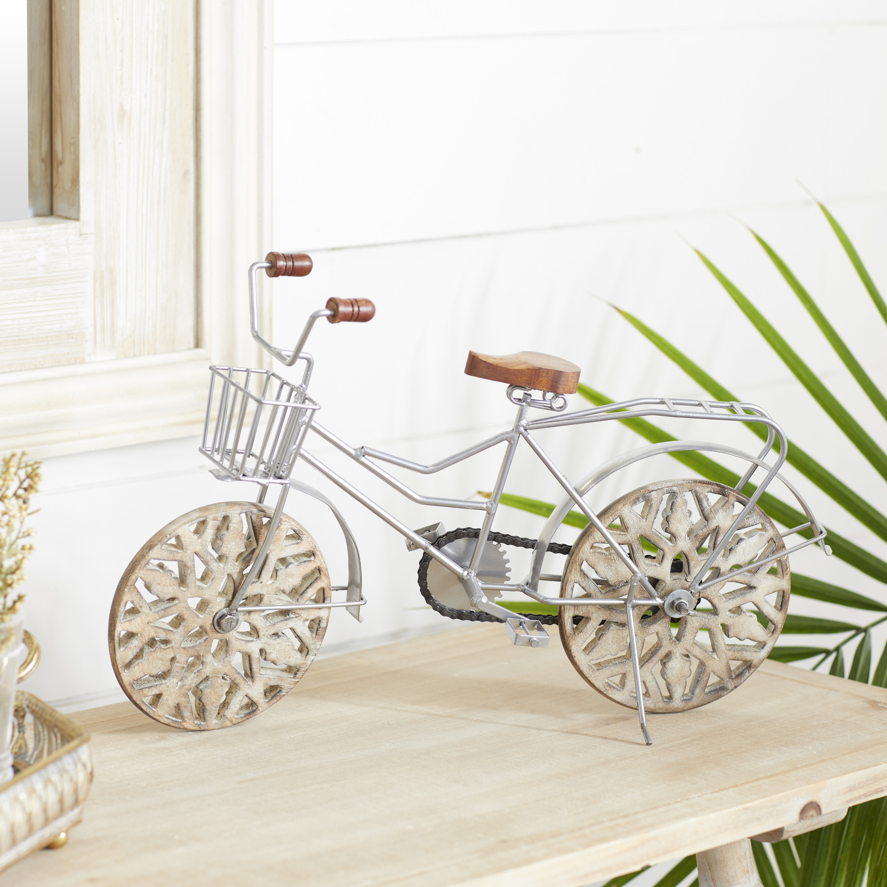 19" x 12" Brown Metal Bike Sculpture with Carved Wood Wheels, by DecMode