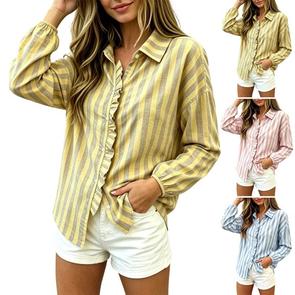 CaComMARK PI Button Down Shirts for Women Striped Long Sleeve Ruffle Lapel Travel Summer Going Out Shirt Yellow
