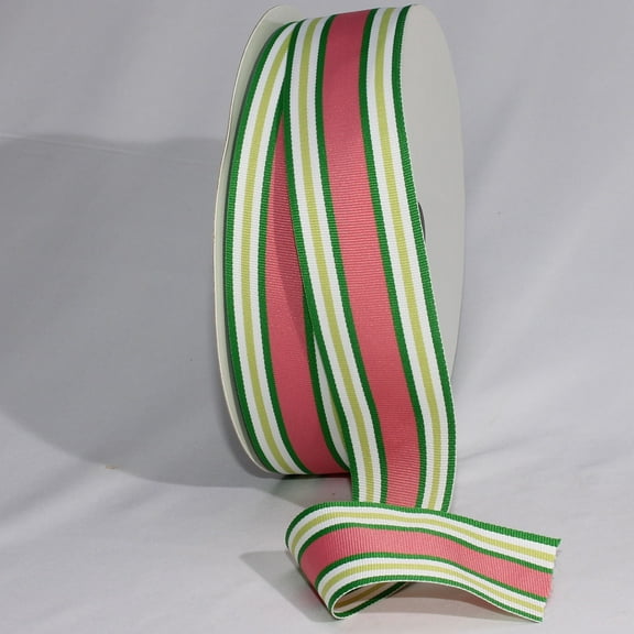 The Ribbon People Pink and Green Striped Woven Grosgrain Craft Ribbon 1.75" x 55 Yards