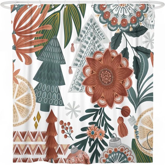 Rideau de Douche Arbre de Noël Boho pour Salle de Bain, Rideau de Douche Bohème de Noël d'Hiver avec Crochets, Rideaux de Douche en Tissu Polyester Lavable en Machine Imperméable Décoration de Bain 72 Pouces x 72 Pouces