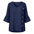 thumbnail image 3 of cocolona Womens Summer Linen Tops V Neck Ruffle 3/4 Sleeve Shirts Casual Loose Solid Color Side Button Blouses, 3 of 7
