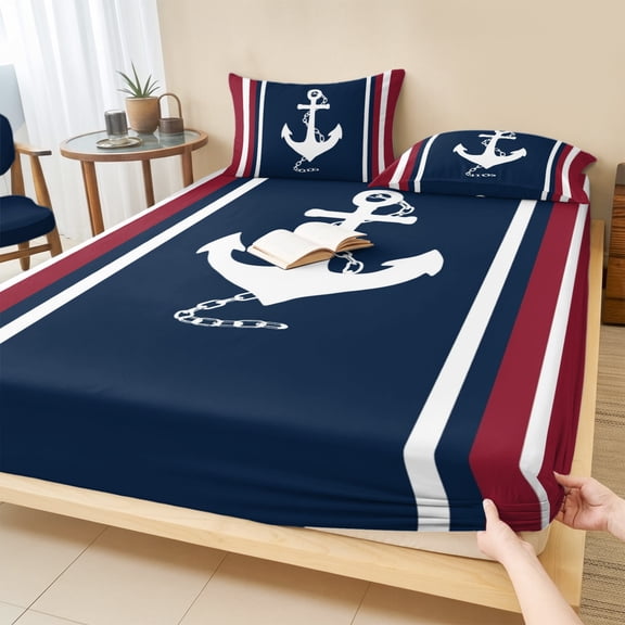 Full Size Fitted Sheet Set - Navy Blue Red Stripe 3 Piece Bedding Sets 16" Deep Pocket Fitted Sheet with 2 Pillowcases Coastal Nautical Anchor Farmhouse Brushed Microfiber Hotel Luxury Bed Sheets