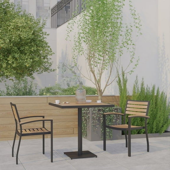Emma   Oliver 3 Piece Outdoor Patio Dining Table Set with 30" Square Faux Teak Table and 2 Stackable Chairs with Teak Accented Arms