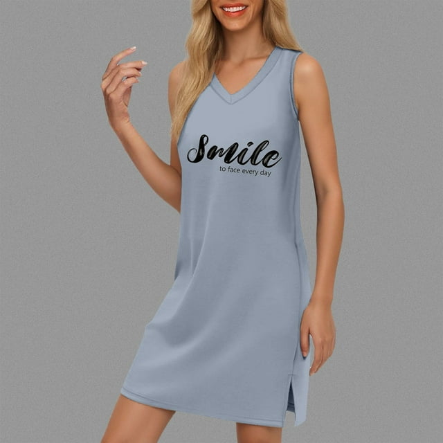WILLBEST Vestidos De Verano Para Mujer, Belleza, Con Escote En V, Color Sólido, Sin Mangas, Abertura, Suelto Y Cómodo, Vestido De Playa Con Estampado De Letras