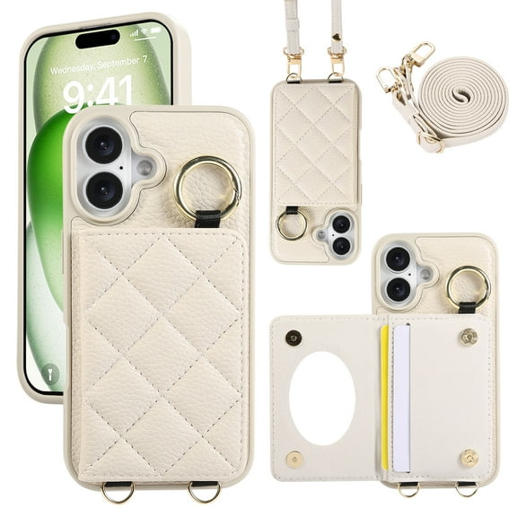 ELEHOLD Case for iPhone 16 Plus,Detachable Lanyard Crossbody Leather Wallet Case with Ring Holder & Mirror,White