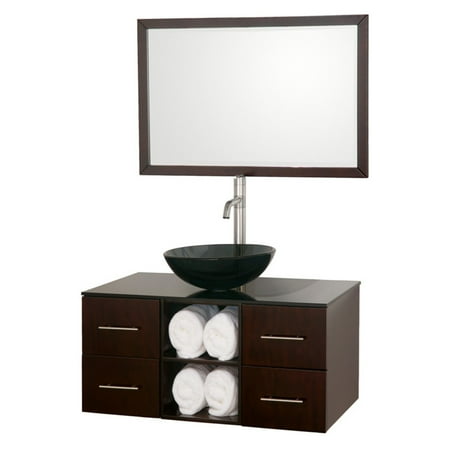 Wyndham Collection Abba 36 inch Single Bathroom Vanity in Espresso, Smoke Glass Countertop, Smoke Glass Sink, and 36 inch Mirror