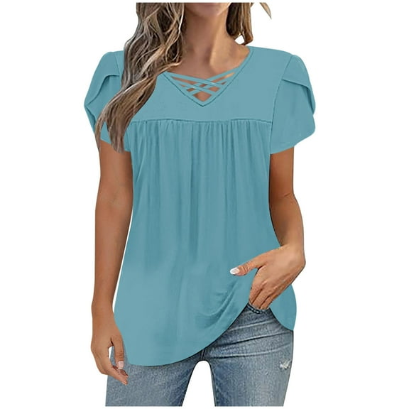 Summer Tops for Women V Neck T Shirts Criss-Cross Neck Tee Shirts Front Pleated Short Sleeve Tops Ruffle Sleeve T-Shirts Plain Classic Tunic Blouses Going Out Beach Vcation Clothes