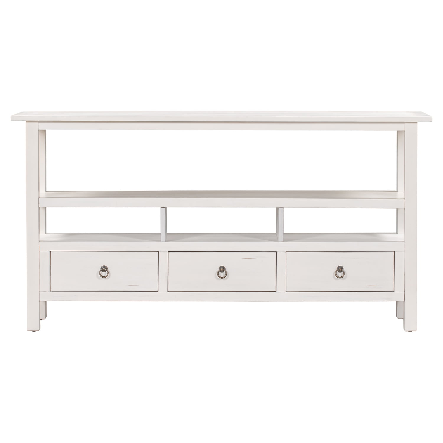 Kadyn Solid Wood Console Table, Sofa Console Table with Three Drawers and Double-Storey Tabletop, Classic Accent Table for Living Room, Antique White Kadyn Solid Wood Console Table, Sofa Console Table with Three Drawers and Double-Storey Tabletop, Classic Accent Table for Living Room, Antique White