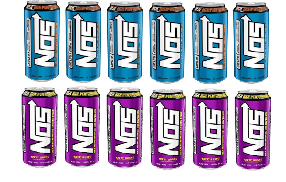 NOS Energy Drink Variety Pack Regular and Grape 16oz Pack of 12