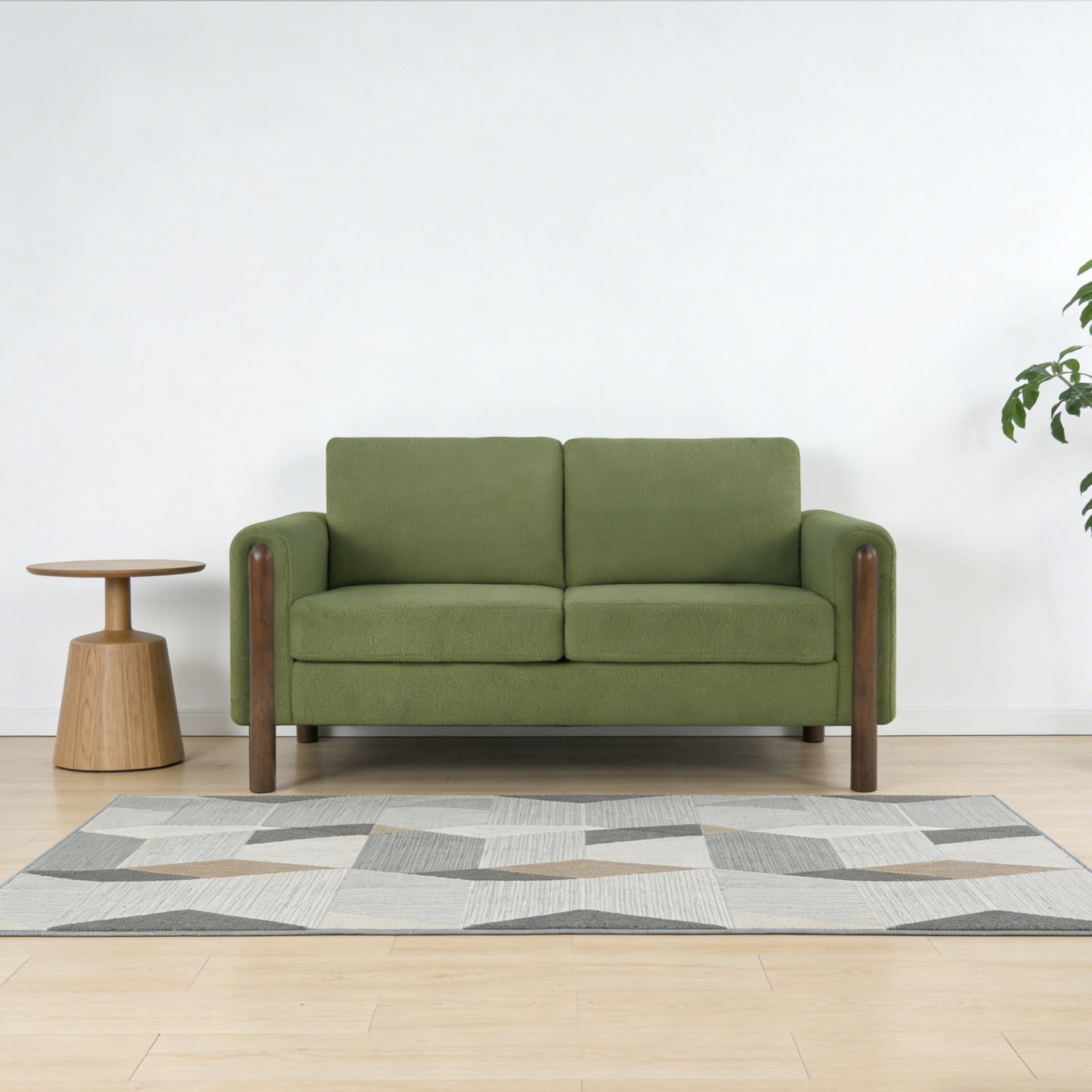 Mid Century Modern 2 Seater Loveseat Sofa Teddy Fabric Upholstered Couch with Walnut Legs and Back Pillows for Living Room Bedroom Office, Green